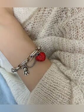 Silver Link Charm Bracelet with Red Heart and Teddy Charms